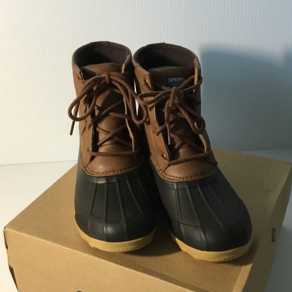 Sperry Brown Leather and Black Rubber Lace-Up Duck Boots